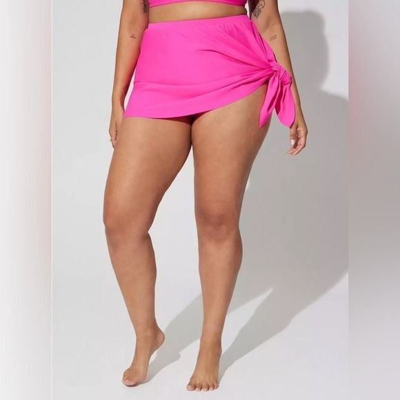 Torrid High Rise Mid Length Side Tie Swim Skirt With Brief Pink Glo 1x NWT - Picture 1 of 12